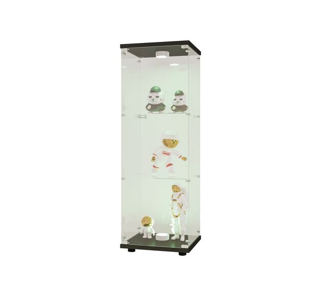 Vitrine moderna de vidro com 3 níveis, portas com fechadura e iluminação led, ideal para quarto, sala de estar e sala de jantar, 36x42x135cm, preta.