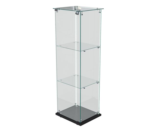 Vitrine de vidro com 3 prateleiras, porta única e faixa de led, modelo moderno e transparente, preta.