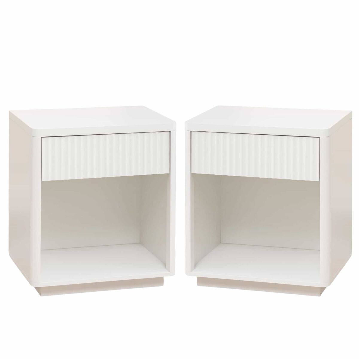 Mesa de cabeceira (conjunto de 2 unidades) - gaveta e prateleira aberta, design moderno com painel ondulado, madeira resistente - branco