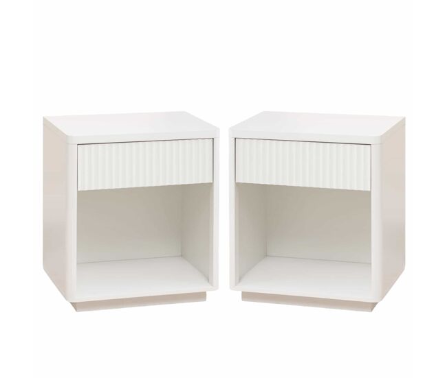 Mesa de cabeceira (conjunto de 2 unidades) - gaveta e prateleira aberta, design moderno com painel ondulado, madeira resistente - branco