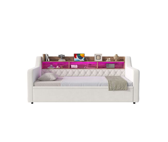 Sofá-cama 90 x 190 cm - cama extra extraível, veludo, arrumação, led, usb e type-c - bege