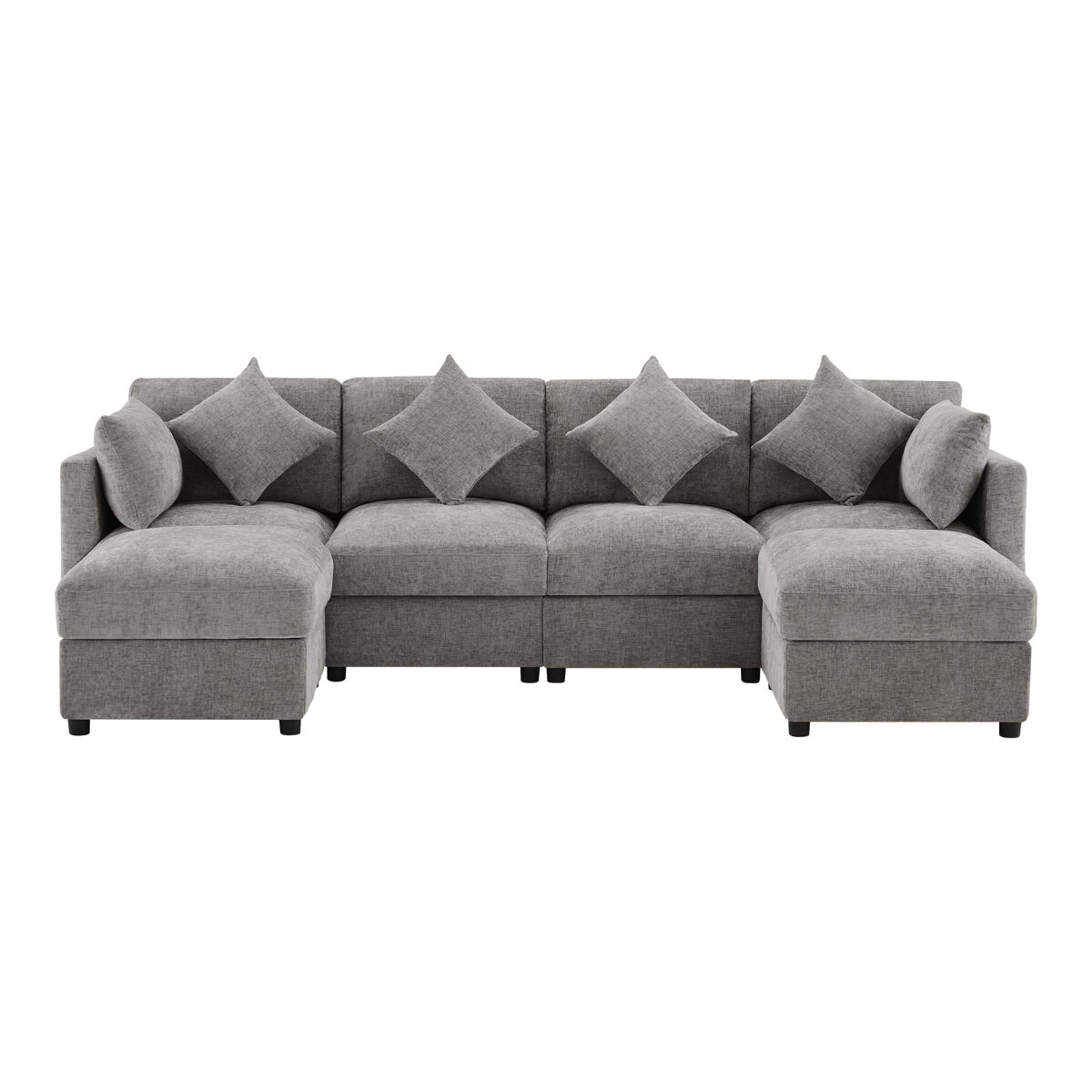 Sofá modular em u/l com 6 lugares - chaise longue convertível com braços ajustáveis, 2 pufes, 4 almofadas decorativas e 2 apoios de cabeça - cinza