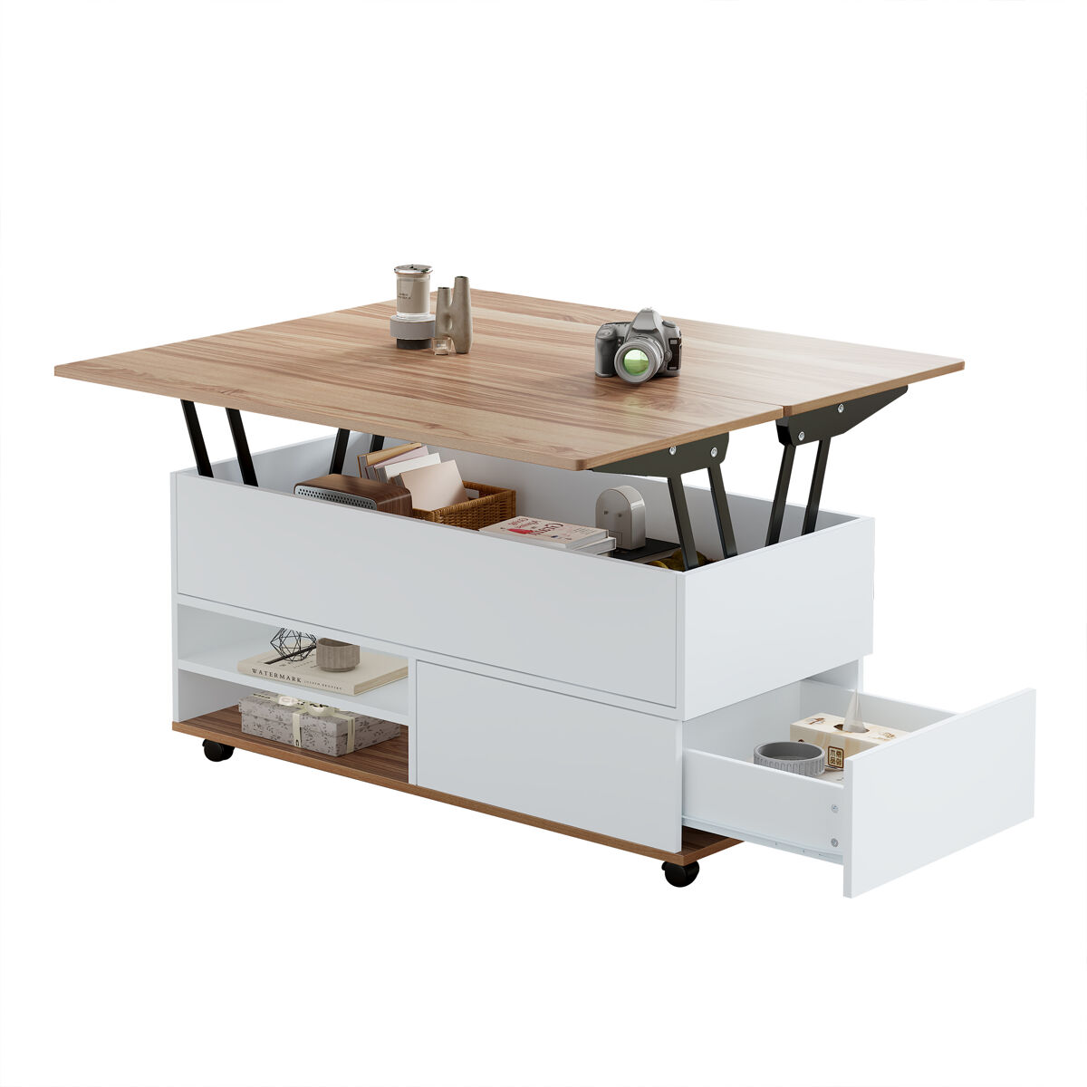 Mesa de centro elevável retangular de painel de partículas,branco+natural