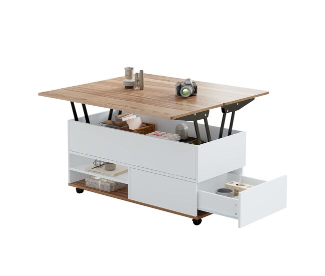 Mesa de centro elevável retangular de painel de partículas,branco+natural