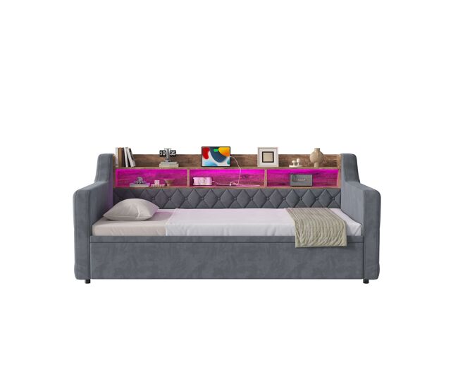 Sofá-cama 90 x 190 cm – cama extra extraível, veludo, espaço de arrumação, led, usb e type-c, com base de colchão – cinzento escuro