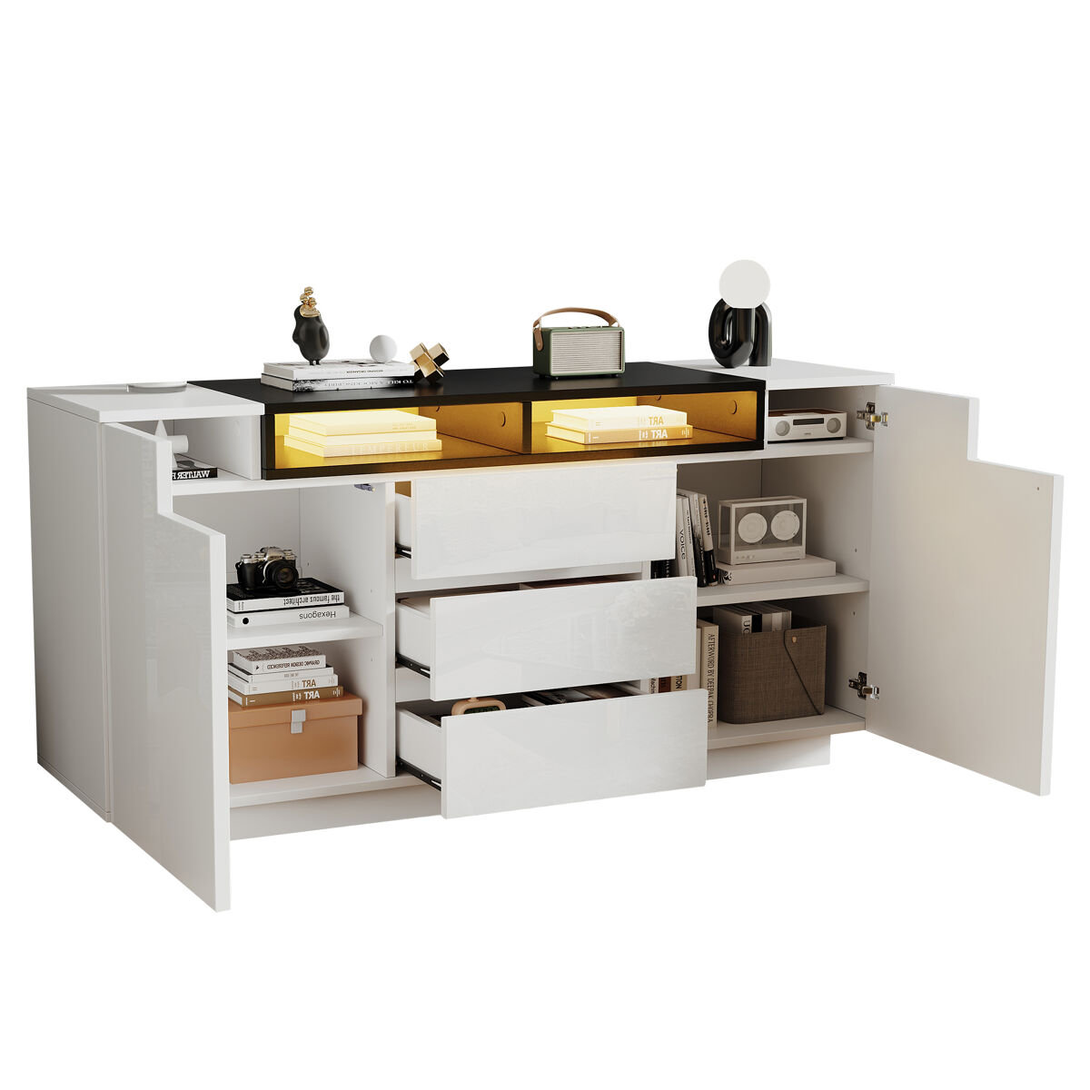 Aparador de painel de partículas com 2 portas,3 gavetas e luz led,branco