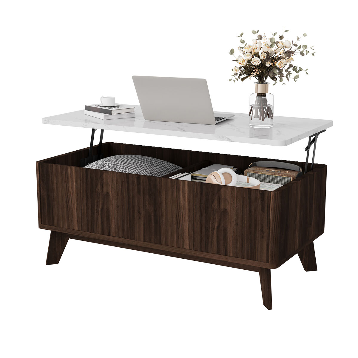 Mesa de centro elevável estilo nórdico, tampa imitação mármore, armazenamento oculto, acabado nogal