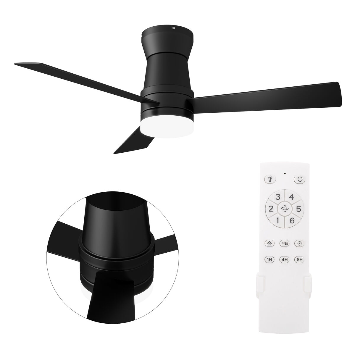Ventoinha de teto com luz preta 42 polegadas, 3 pás, motor dc silencioso, montagem baixa com comando à distância