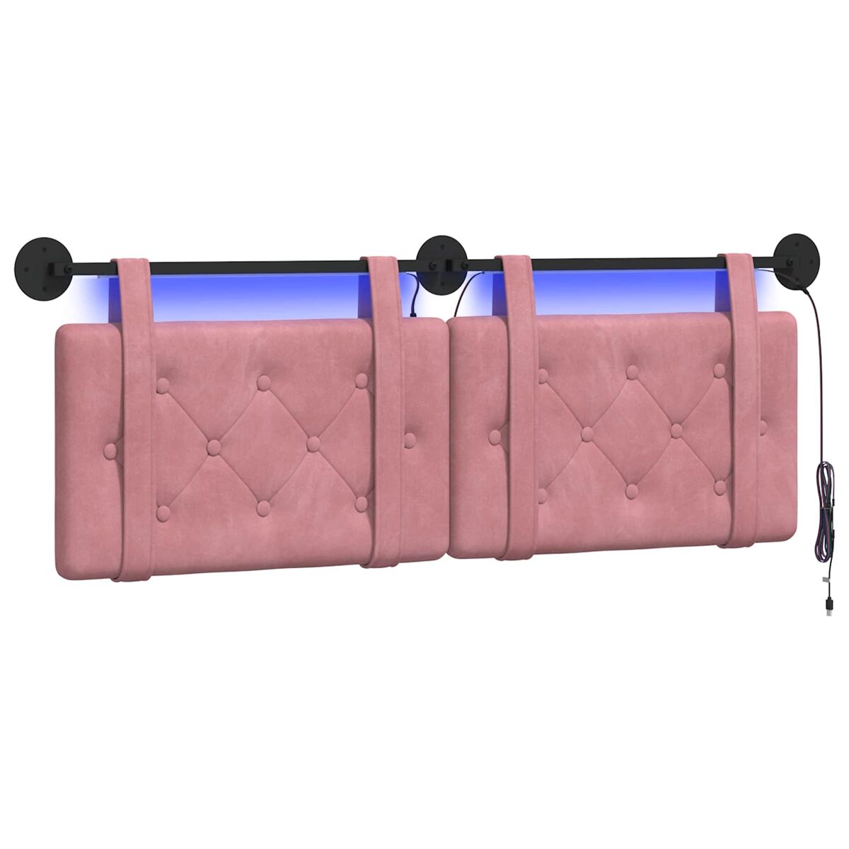 Cabeceira de cama suspensa com luz led rosa veludo