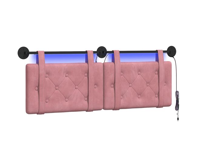 Cabeceira de cama suspensa com luz led rosa veludo