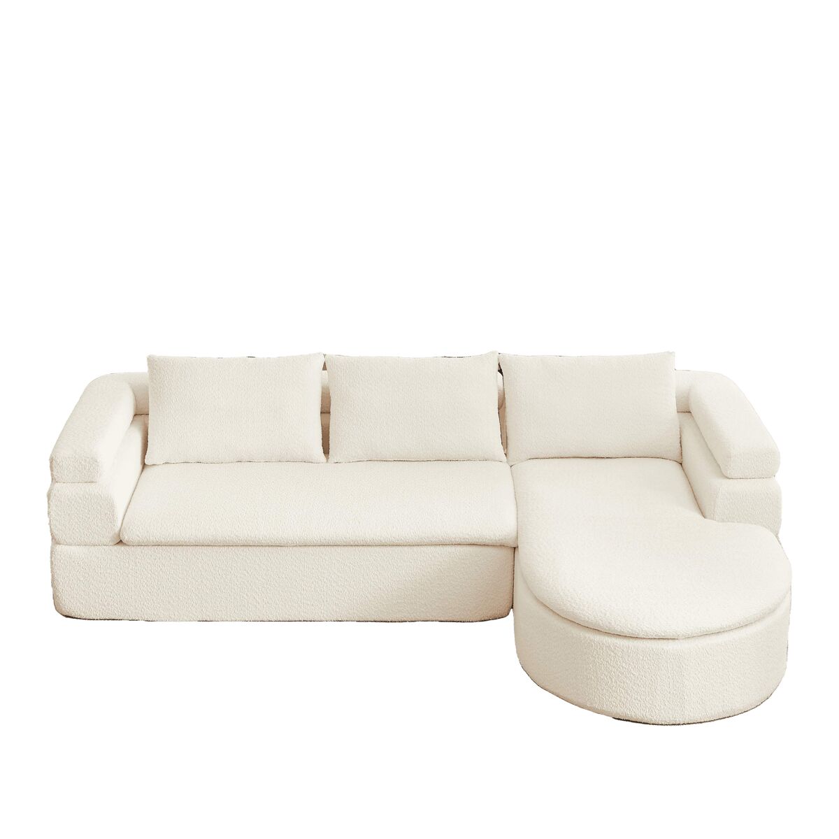 Sofá de canto em l com 3 lugares - chenilla, design «nuvem» com chaise longue curva - bege