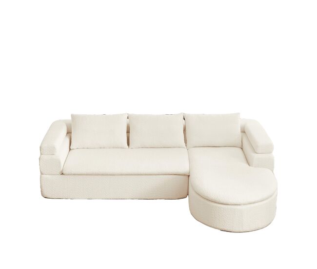 Sofá de canto em l com 3 lugares - chenilla, design «nuvem» com chaise longue curva - bege