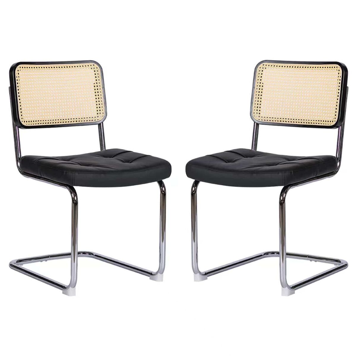 Conjunto de 2 cadeiras de jantar - couro sintético, rattan e pernas cromadas - preto