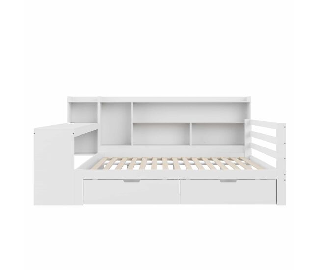 Sofá-cama 140 x 200 cm - com secretária, estante, compartimentos e tomada - branco