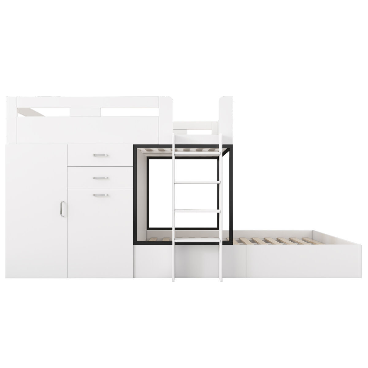Beliche 90x200 - com secretária extraível, armário, prateleiras, escada - branco+preto