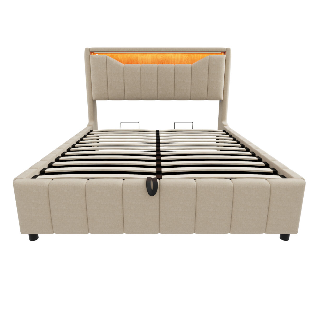 Cama estofada 140 x 200 cm - arrumação hidráulica inferior, cabeceira led, portas usb e usb-c, revestimento de linho resistente ao desgaste para