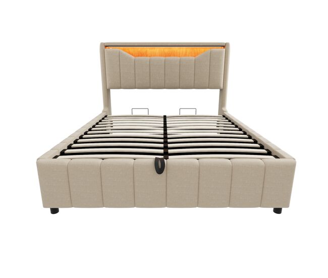 Cama estofada 140 x 200 cm - arrumação hidráulica inferior, cabeceira led, portas usb e usb-c, revestimento de linho resistente ao desgaste para