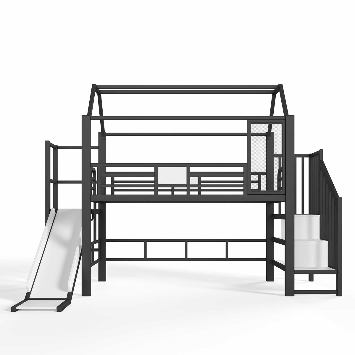 Cama alta infantil 90 × 200 cm - em forma de casinha com escorrega, escada, arrumação e led bluetooth en 747 - preto