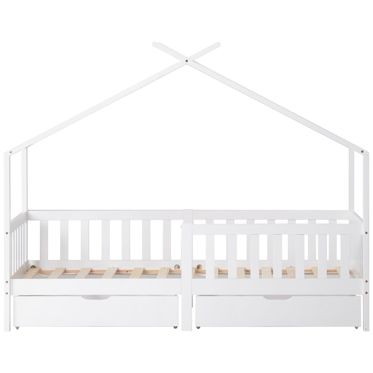 Cama casa 200x90 cm - cama infantil com 2 gavetas, madeira maciça, com grade e estrado, com proteção contra quedas - branco