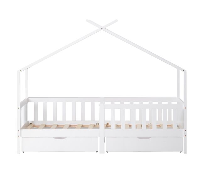 Cama casa 200x90 cm - cama infantil com 2 gavetas, madeira maciça, com grade e estrado, com proteção contra quedas - branco