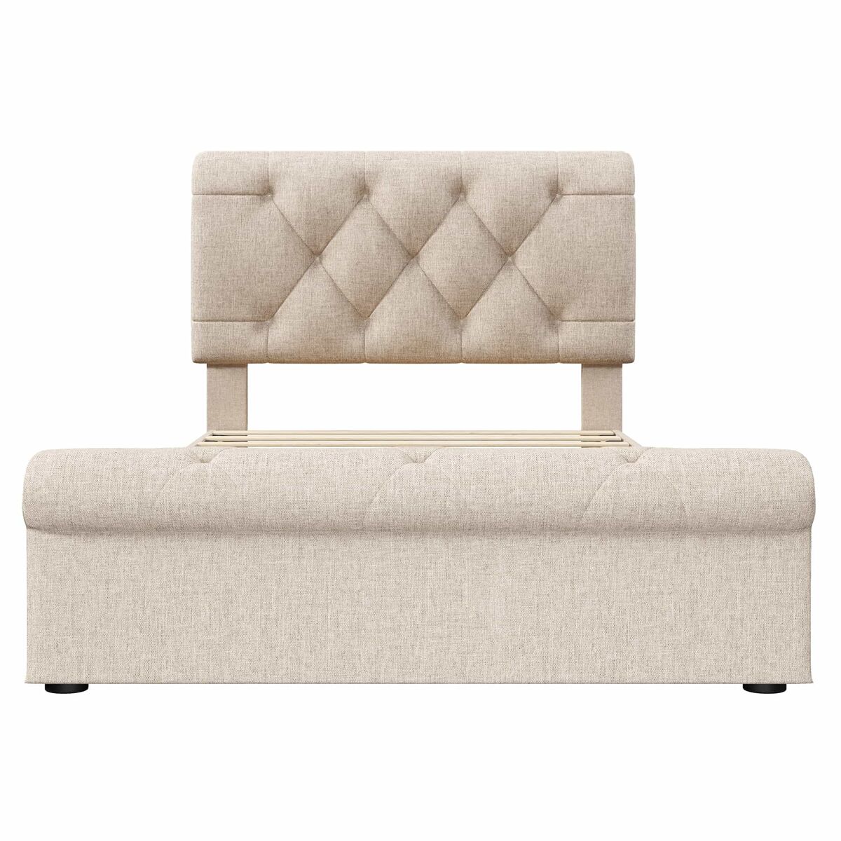 Cama individual 90x200 cm - com 2 gavetas e cabeceira ajustável - chesterfield - natural
