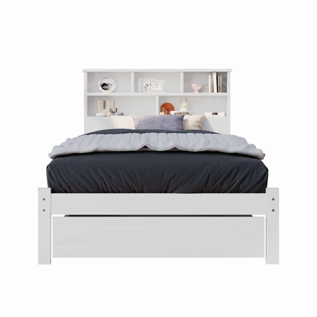 Cama individual 90x200 cm - cama de madeira maciça com gavetas e estrado, estante, para jovens e adultos - branco