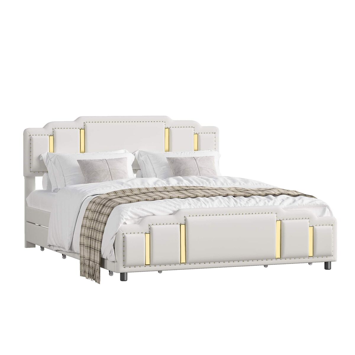 Cama estofada 160×200 cm - 6 gavetas e veludo com rebordo dourado - bege