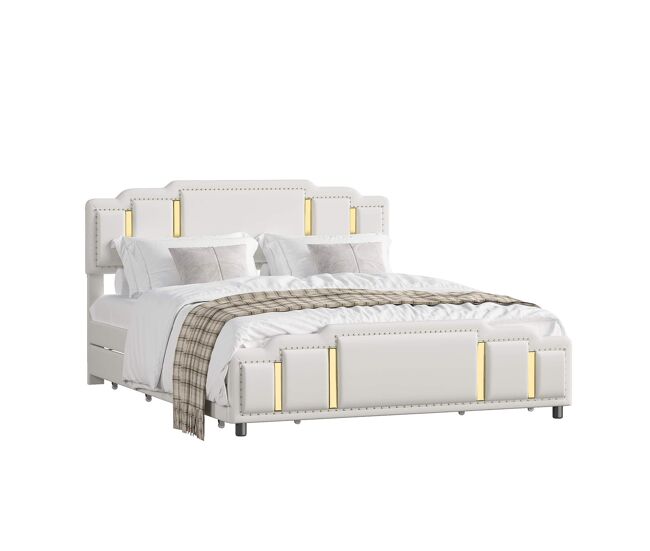 Cama estofada 160×200 cm - 6 gavetas e veludo com rebordo dourado - bege