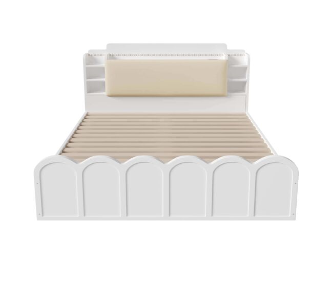 Cama com painel 140x200 cm - hidráulica, led, usb-c, armazenamento multifuncional - branco