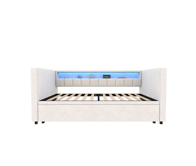 Sofá-cama multifuncional 90x190 cm - cama extensível, usb-type-c, led ambiente, veludo, com arrumação - bege