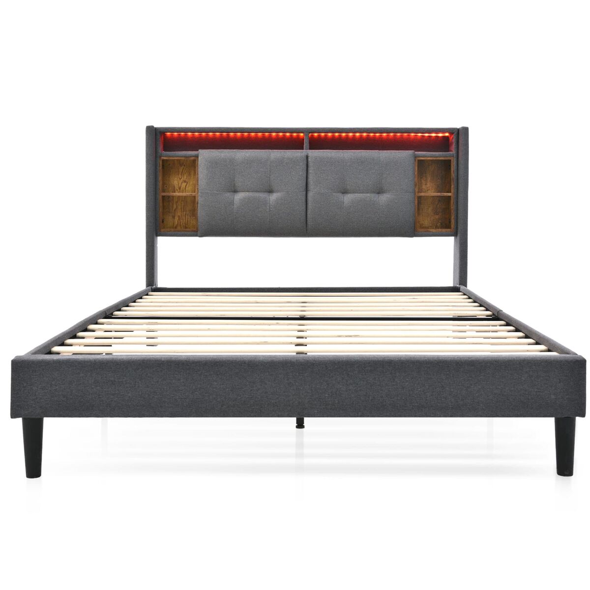 Cama de casal estofada 160x200 - cabeceira com espaço de arrumação, porta usb e luz led, base de madeira - cinzenta