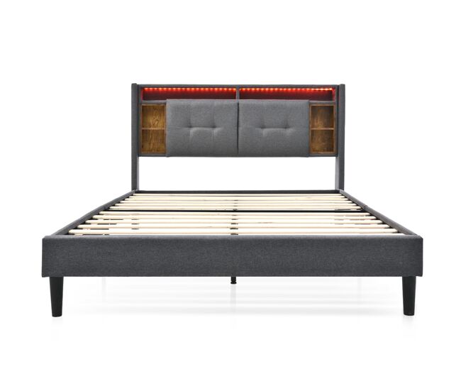 Cama de casal estofada 160x200 - cabeceira com espaço de arrumação, porta usb e luz led, base de madeira - cinzenta