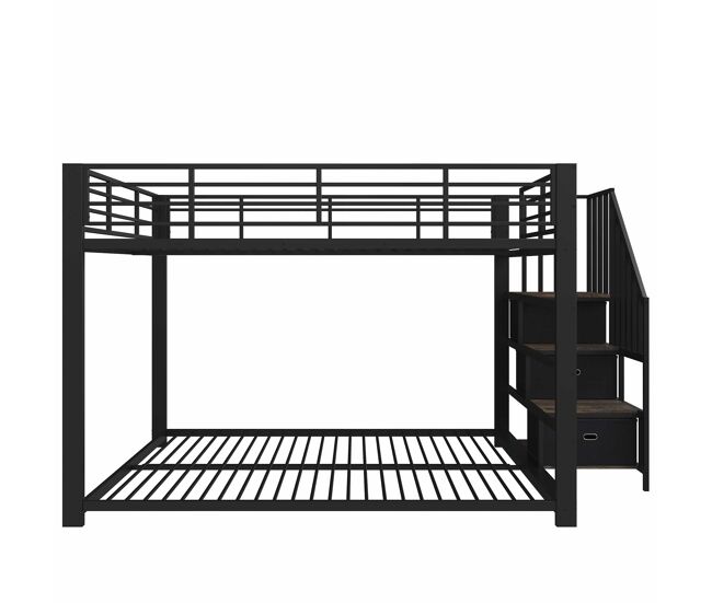 Beliche para adultos 140×200 cm - estrutura metálica com escada reversível, espaço de arrumação, led e tomada - preto