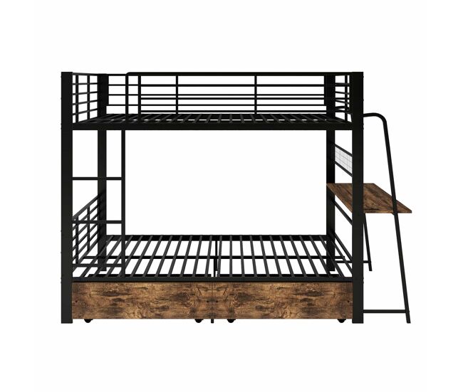 Cama alta 140×200 cm – secretária, 2 gavetas, luz led musical, tomada, grade de proteção e escada – noir