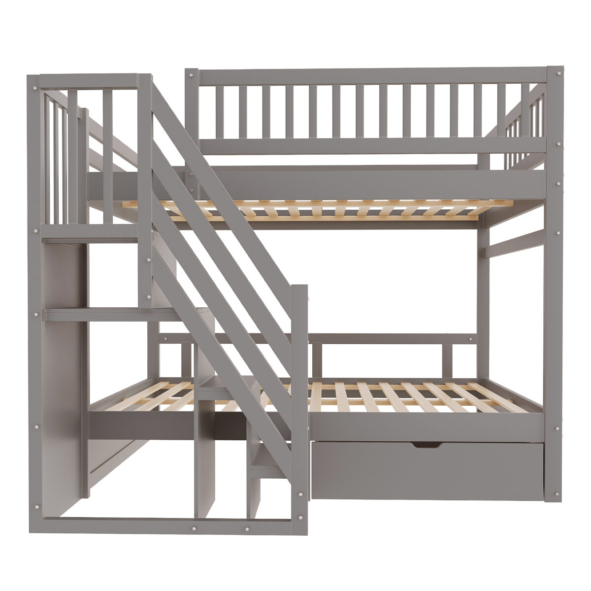 Cama beliche 140*200 cm - com painel de segurança alto, com estrado, escada de segurança com arrumação, com gavetas de arrumação - cinza