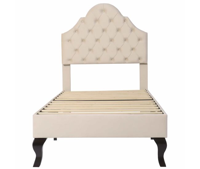 Cama estofada 90x200cm em veludo com cabeceira regulável + estrado de molas - bege