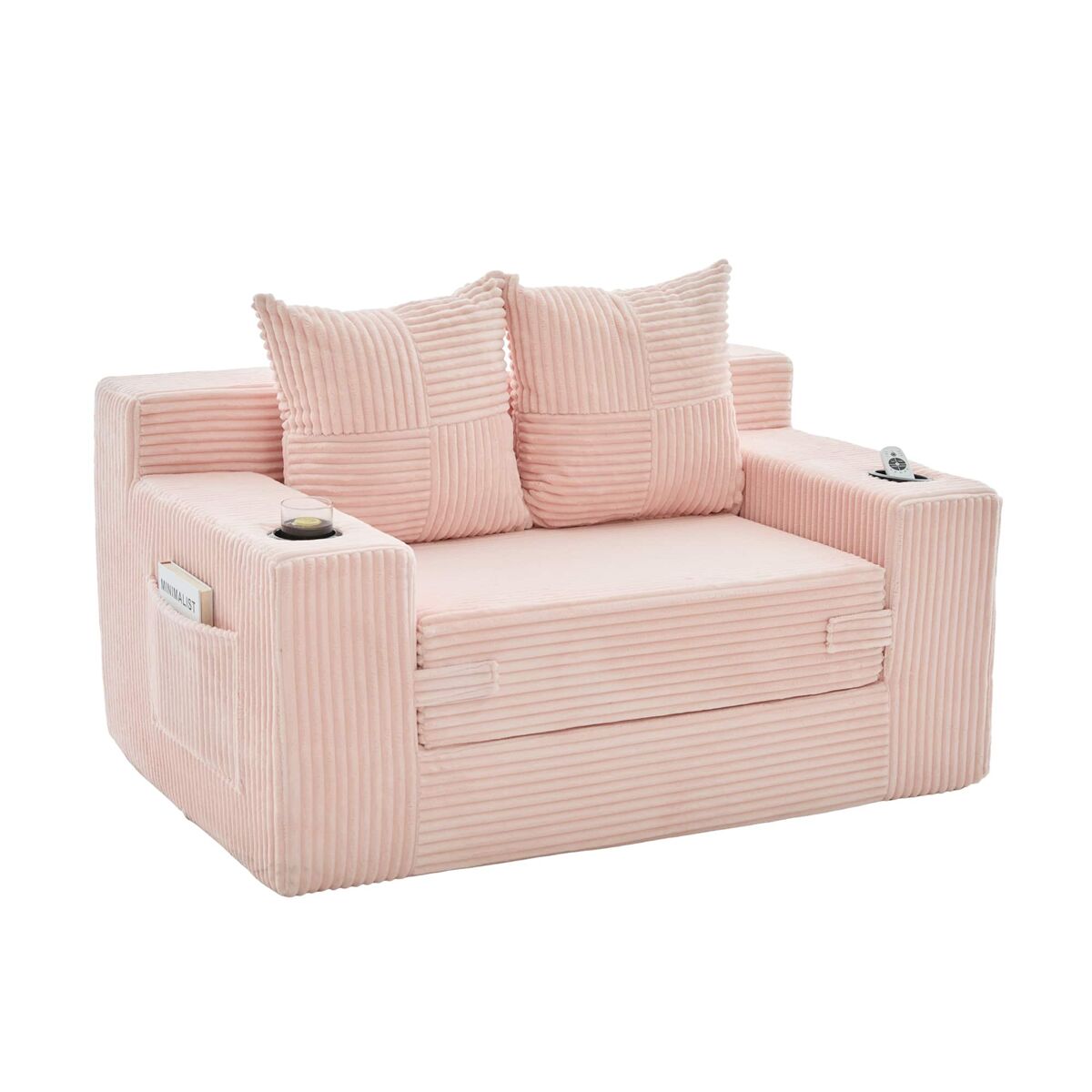 Sofá de 2 lugares - estofado em caxemira, 2 almofadas, porta-copos, apoio para os pés e arrumação lateral - rosa