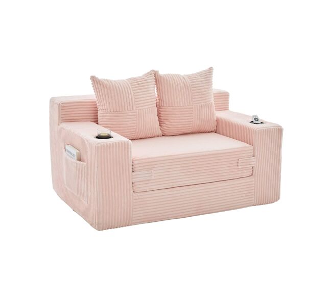 Sofá de 2 lugares - estofado em caxemira, 2 almofadas, porta-copos, apoio para os pés e arrumação lateral - rosa