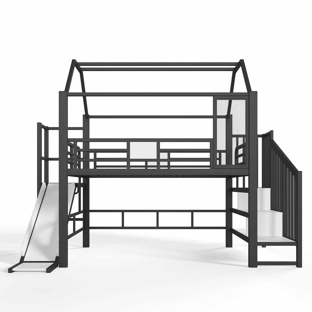 Cama alta infantil 140 × 200 cm – em forma de casa com escorrega, escada, arrumação e led bluetooth en 747 – preto