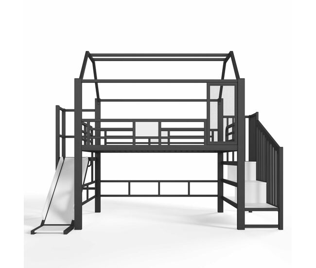 Cama alta infantil 140 × 200 cm – em forma de casa com escorrega, escada, arrumação e led bluetooth en 747 – preto