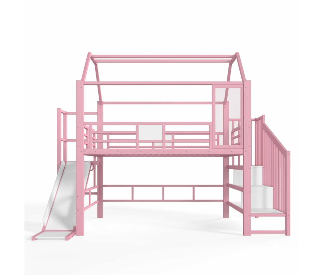 Cama alta infantil 140 × 200 cm - estrutura metálica tipo casinha com escorrega, escada, arrumação e led bluetooth en 747 - rosa