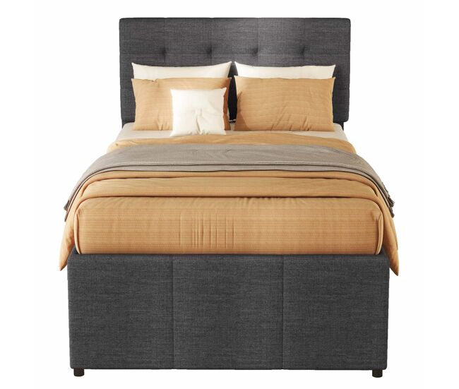 Cama estofada 90x200cm com cama de rodízio 90x190cm - em tecido de linho - com 3 gavetas e estrado de molas - cinzento