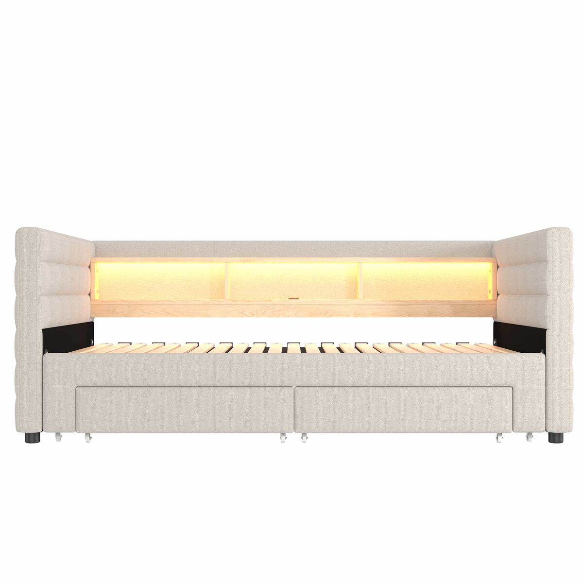 Cama de dia 90x190 cm - design multifuncional, usb, 2 gavetas, luzes led - bege