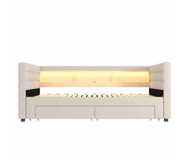 Cama de dia 90x190 cm - design multifuncional, usb, 2 gavetas, luzes led - bege