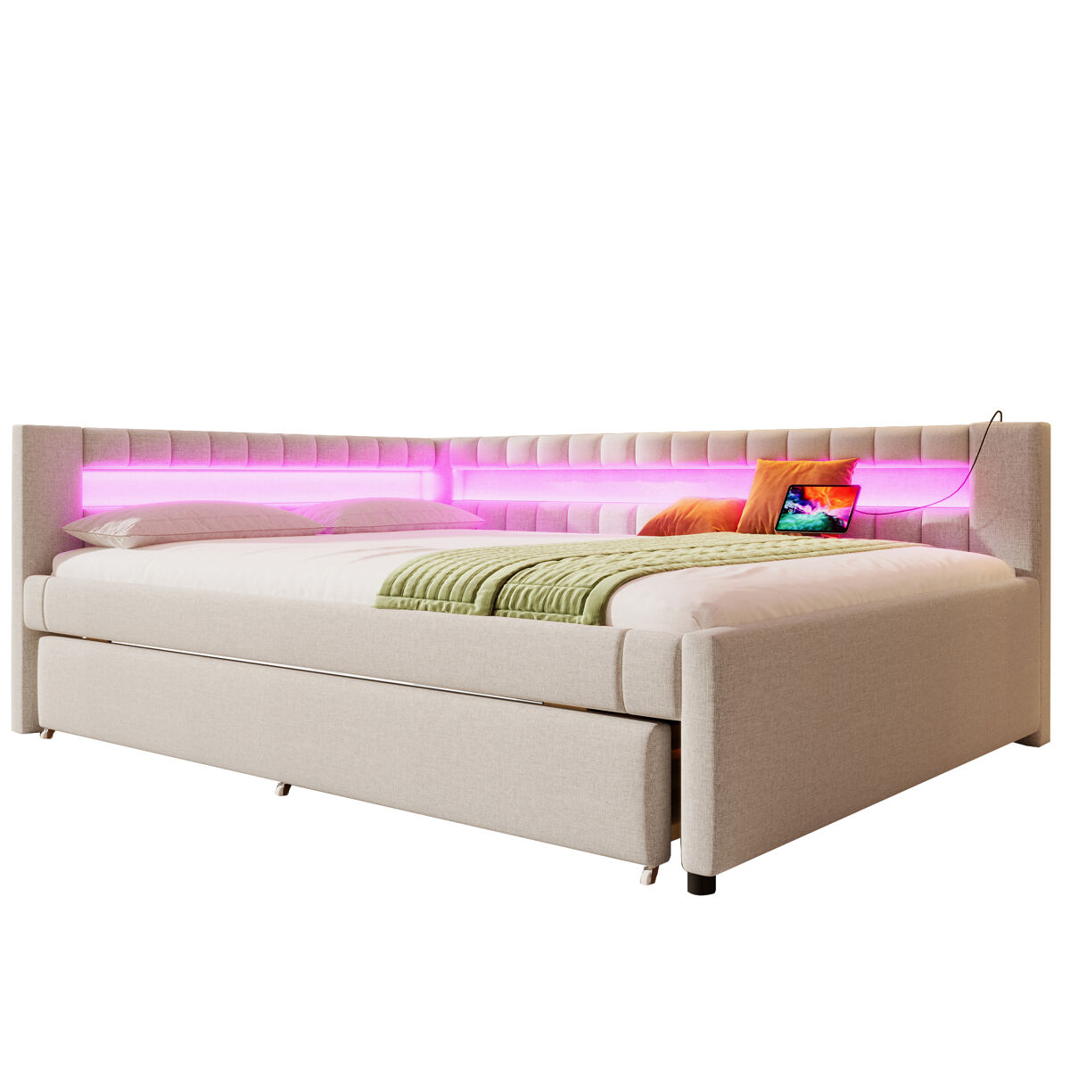 Sofá-cama 140x200 cm - cama com led, cama extra, usb + type-c, linho - bege