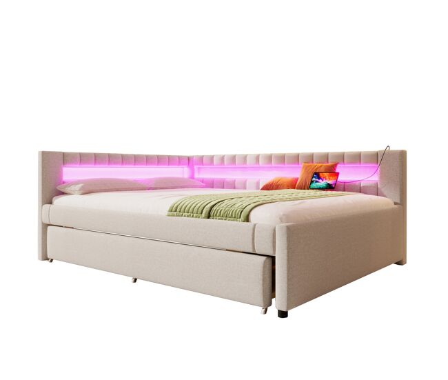 Sofá-cama 140x200 cm - cama com led, cama extra, usb + type-c, linho - bege