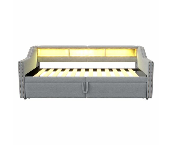 Cama ninho 90/180 x 200 cm - sofá-cama extensível, com arrumação, luz led e porta usb, com estrado - cinza claro