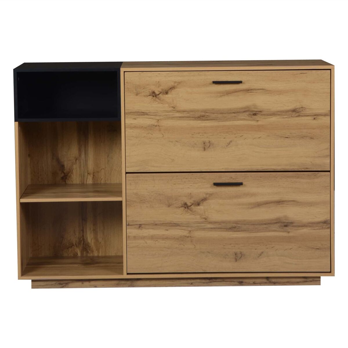 Armário 120x32x84,5 cm - 3 compartimentos abertos, 2 portas basculantes, armário duplo, mdf, grande capacidade de arrumação - madeira natural + preto