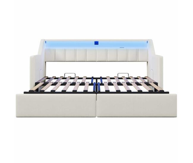 Sofá-cama, 90 x 200 cm - com usb e type-c, faixa led com controle remoto, 2 gavetas, bolsos de armazenamento, cama extensível multifuncional - bege