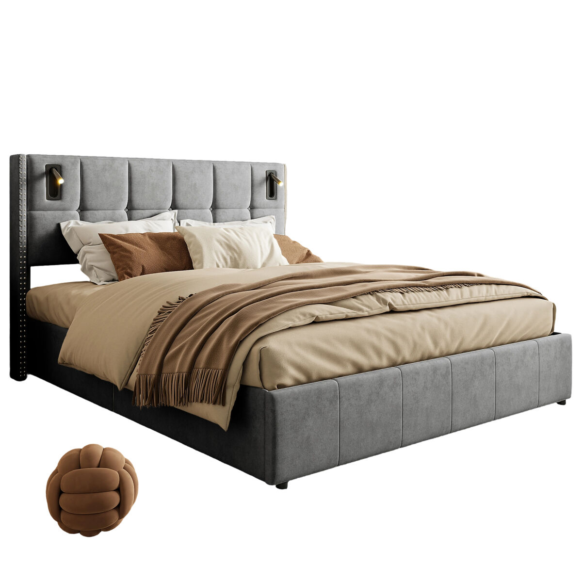 Cama de 160x200 cm com arrumação em veludo cinzento, tachas decorativas e luzes de leitura led – cabeceira de design e arrumação integrada.